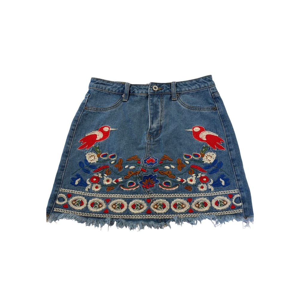 Umgee Denim Embroidered Bird Floral Mini Skirt Blue Boho Frayed Hem Small NWT